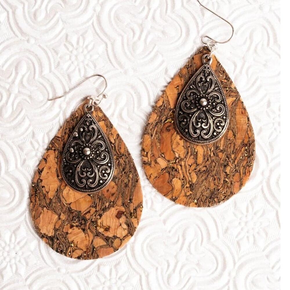 Silvertone Scroll and Cork Double Teardrop Earrings